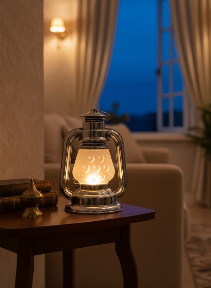 بريميم فانوس زخرفي بإضاءة صمام ثنائي باعث للضوء باللون الفضي مع نقشة هلال، مثالي لتزيين المنزل في شهر رمضان - Image 2